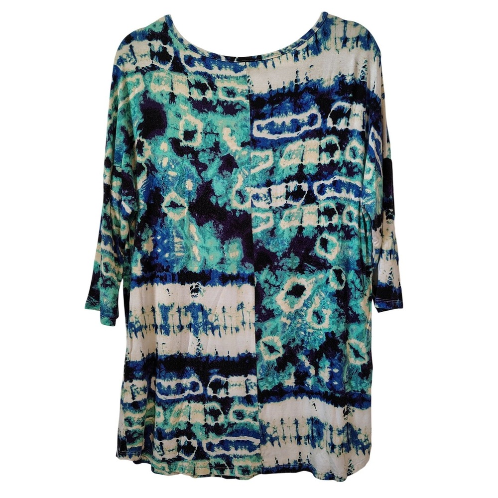 VOLL Women's Tunic Top Medium Blue Green Tie Dye Print Crochet Artsy Comfy - Picture 3 of 8